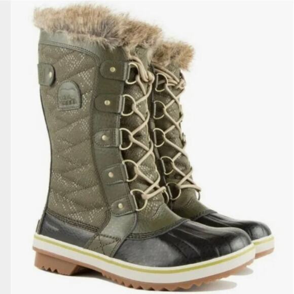 Sorel Tofino II Boots Waterproof Waxed Canvas Faux Fur Green Women's Size 6 - Picture 1 of 12